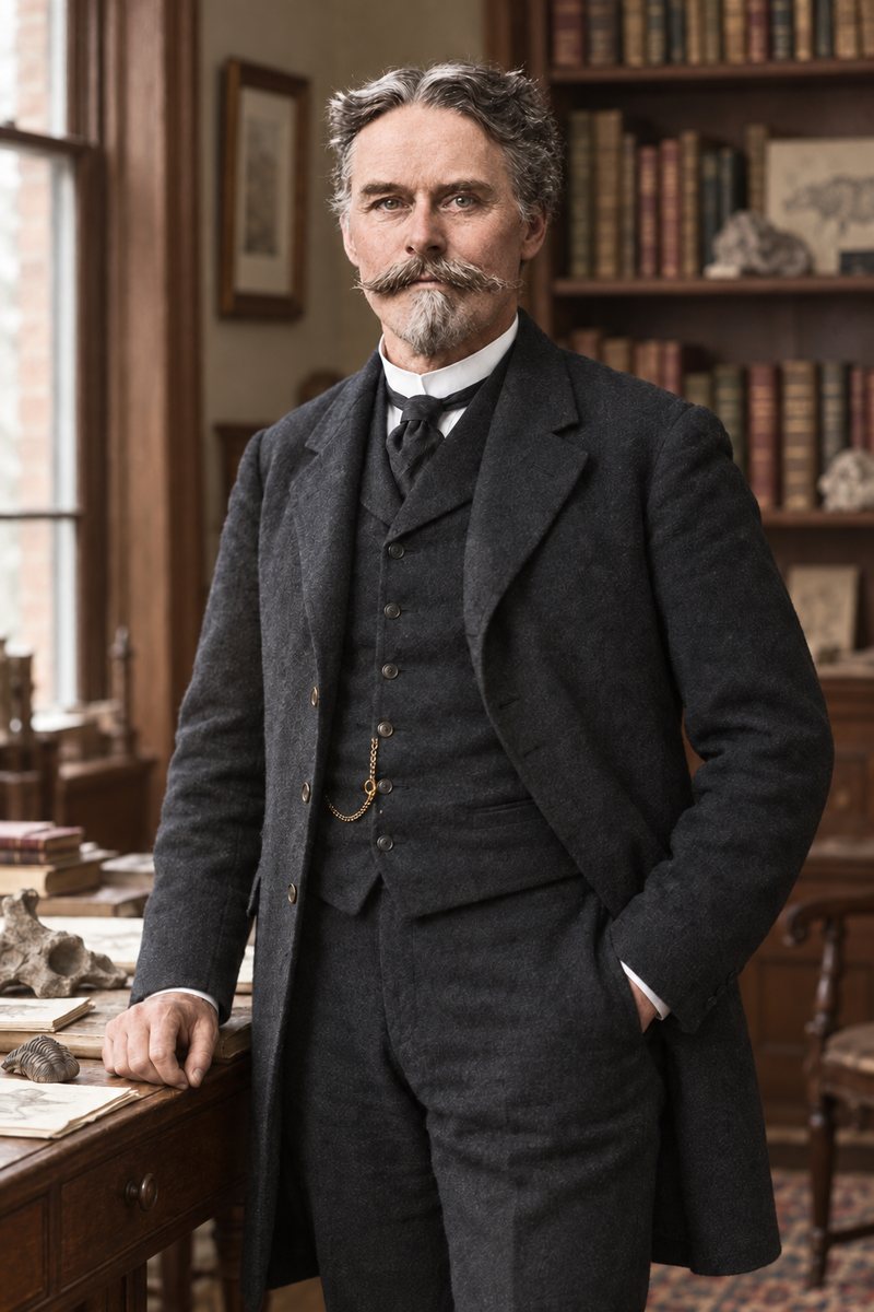Reconstruction of Edward Drinker Cope in his fifties, mustached, in his book-lined study